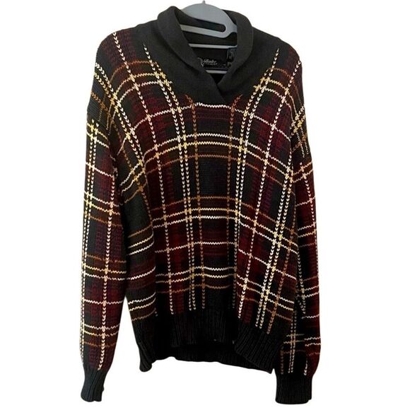 Plaid Sweater Babe Didrikson Shawl Neck 1/4 pullover Black Brown Cotton Vtg L - Picture 5 of 16